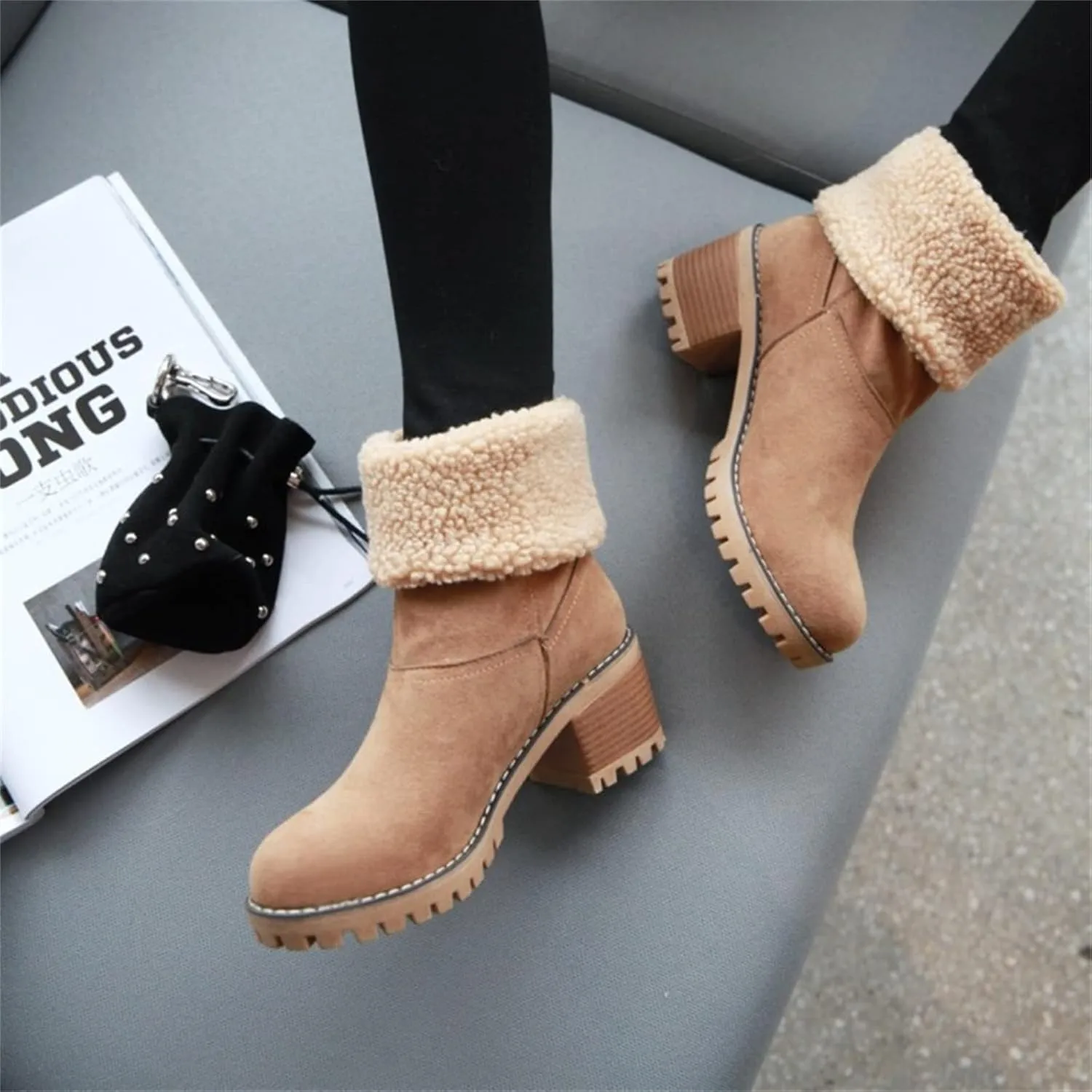 Winter Boots For Women 2024 Warm Faux Fur Lined Mid Calf Snow Boots Comfortable Walking Slip On Short Ankle Booties