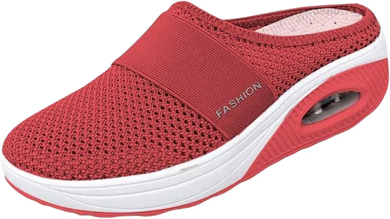 Womens Air Cushion Walking Shoes Slip-On Mesh Breathable Arch Support Mule Shoes Lightweight Closed Toe Slippers Outdoor Sneakers