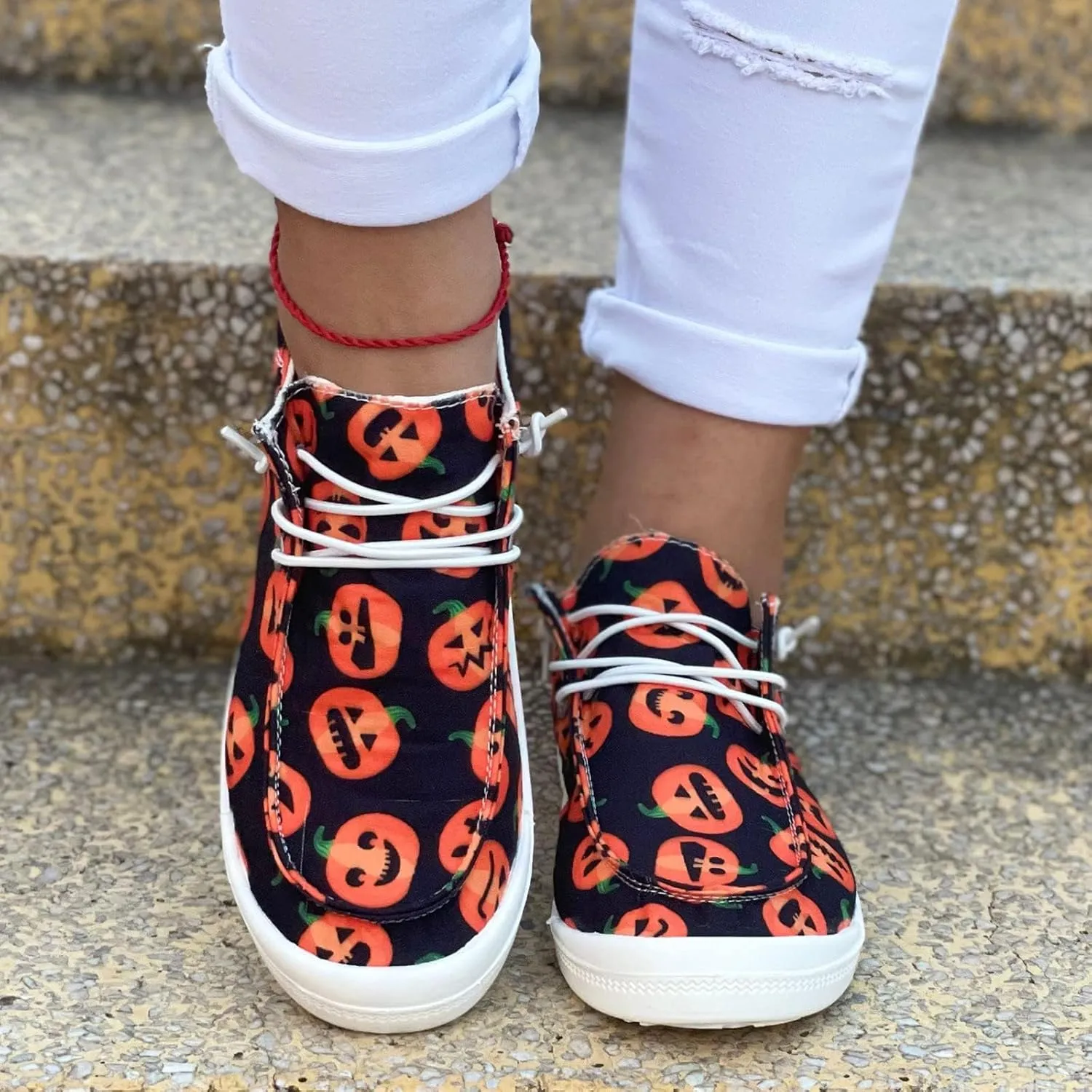 Womens Halloween Pumpkin Sneakers Print Canvas Shoes Halloween Decorations Slip On Loafers Low Top Casual Shoes Canvas Sneaekers Flat Tennis Comfortable Walking Shoes