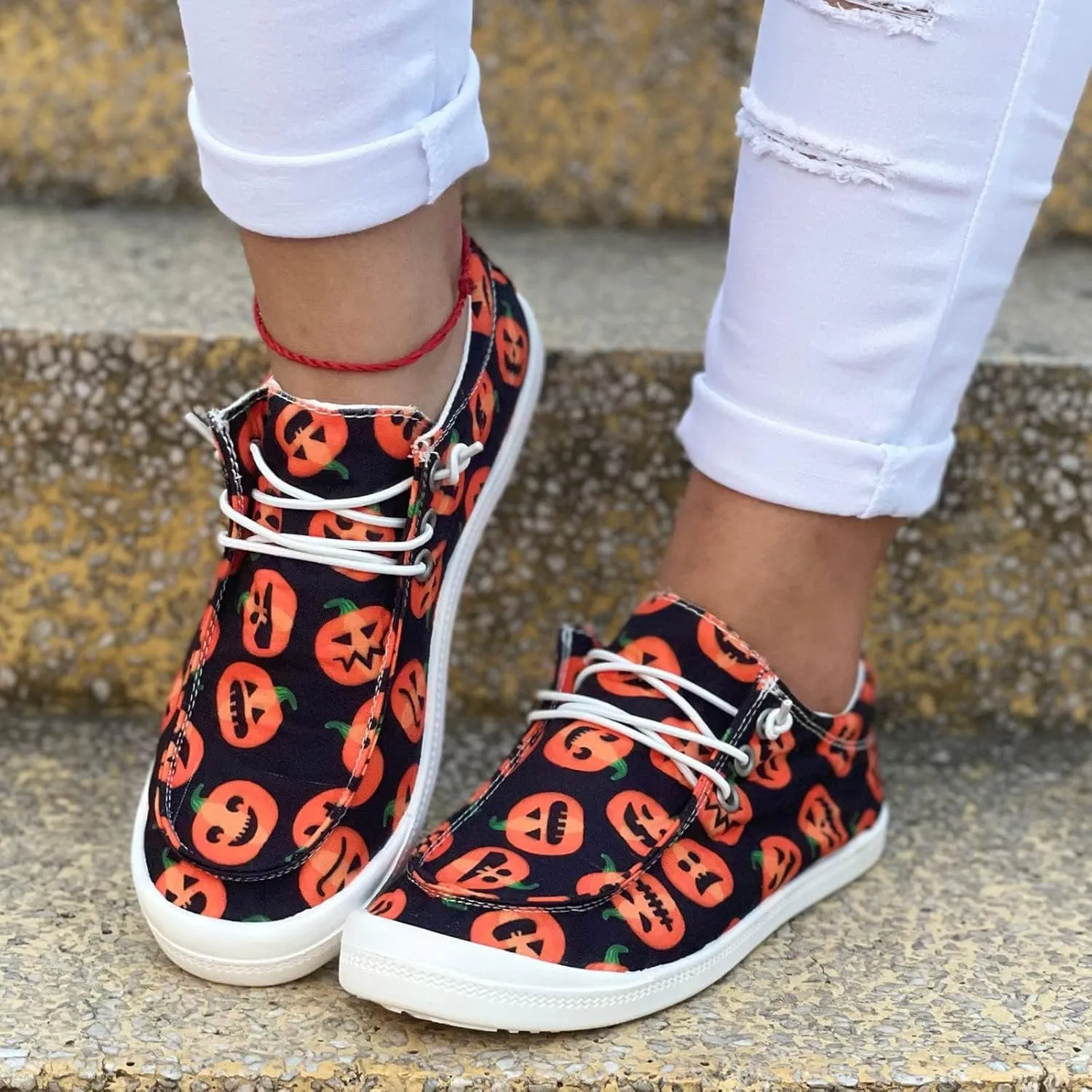 Womens Halloween Pumpkin Sneakers Print Canvas Shoes Halloween Decorations Slip On Loafers Low Top Casual Shoes Canvas Sneaekers Flat Tennis Comfortable Walking Shoes