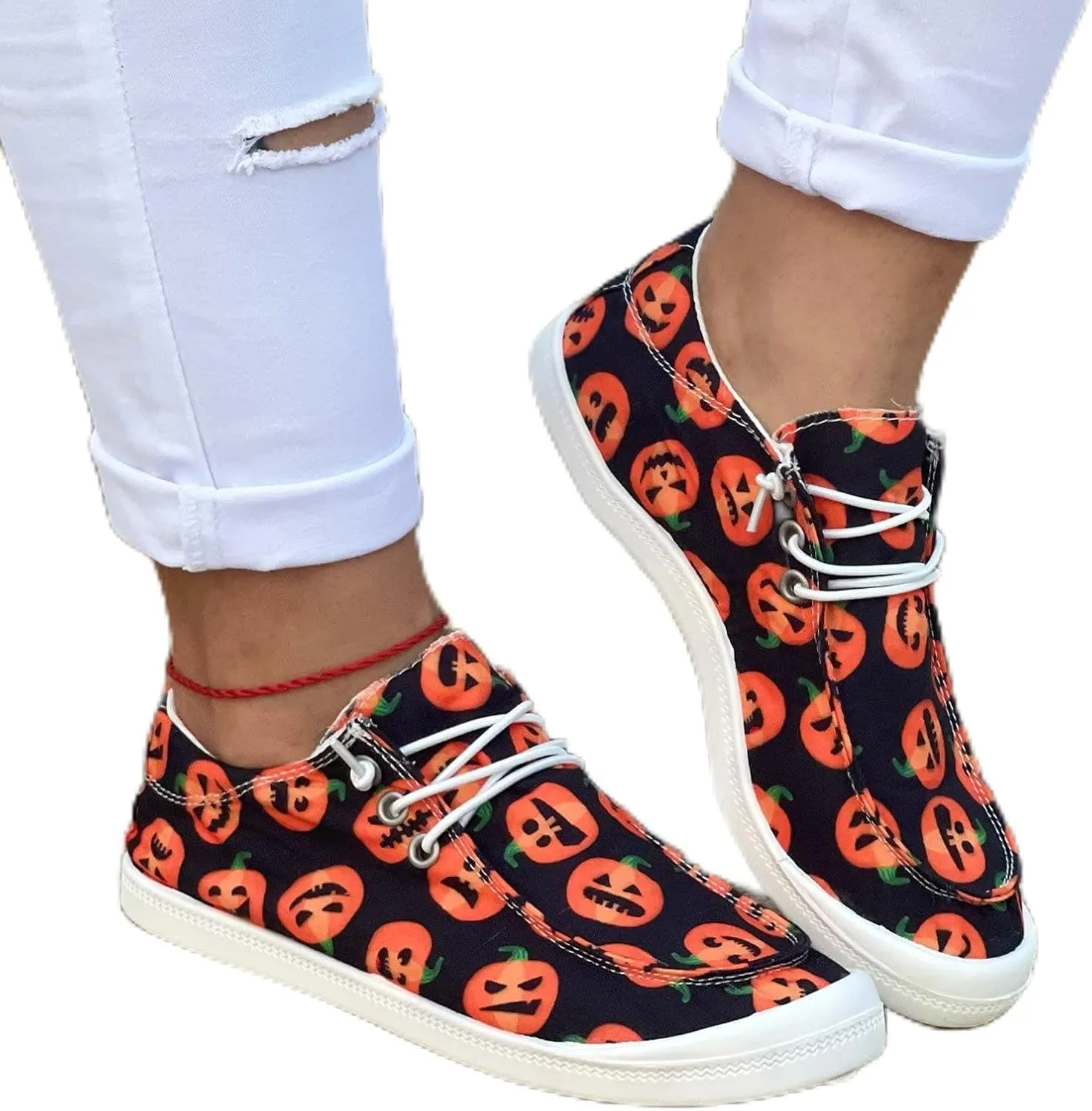 Womens Halloween Pumpkin Sneakers Print Canvas Shoes Halloween Decorations Slip On Loafers Low Top Casual Shoes Canvas Sneaekers Flat Tennis Comfortable Walking Shoes