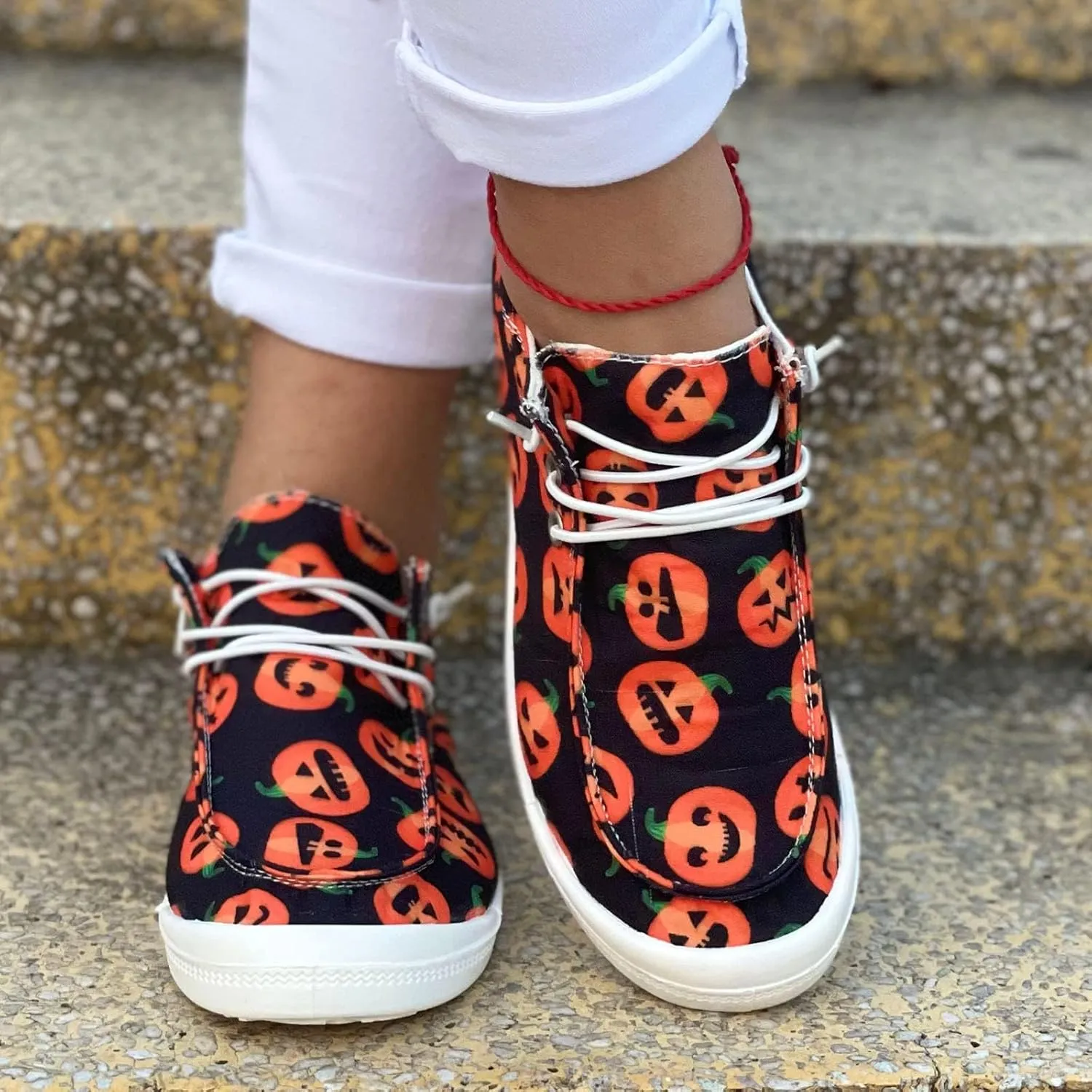 Womens Halloween Pumpkin Sneakers Print Canvas Shoes Halloween Decorations Slip On Loafers Low Top Casual Shoes Canvas Sneaekers Flat Tennis Comfortable Walking Shoes