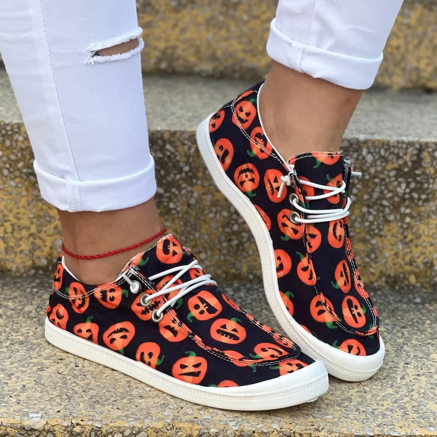 Womens Halloween Pumpkin Sneakers Print Canvas Shoes Halloween Decorations Slip On Loafers Low Top Casual Shoes Canvas Sneaekers Flat Tennis Comfortable Walking Shoes