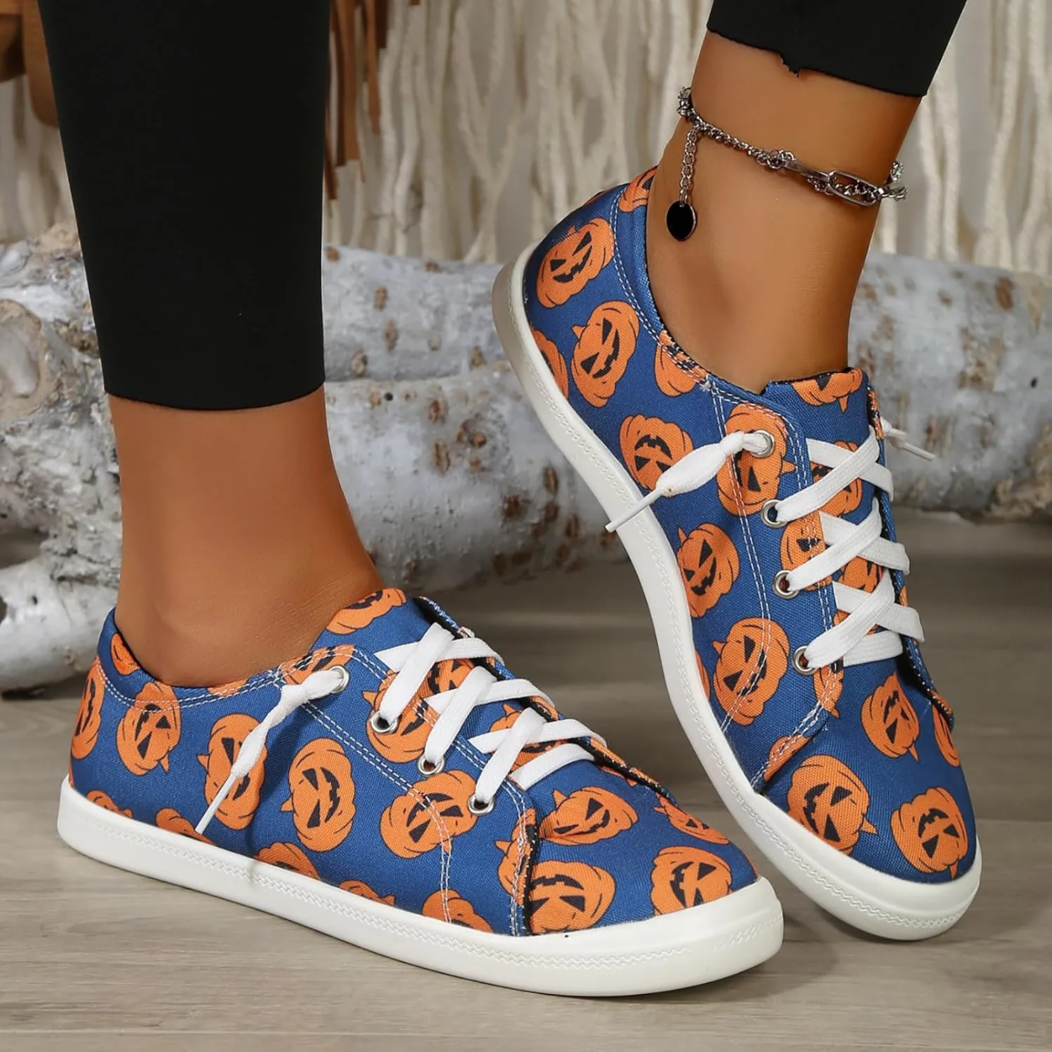 Womens Halloween Pumpkin Sneakers Print Canvas Shoes Halloween Decorations Slip On Loafers Low Top Casual Shoes Canvas Sneaekers Flat Tennis Comfortable Walking Shoes