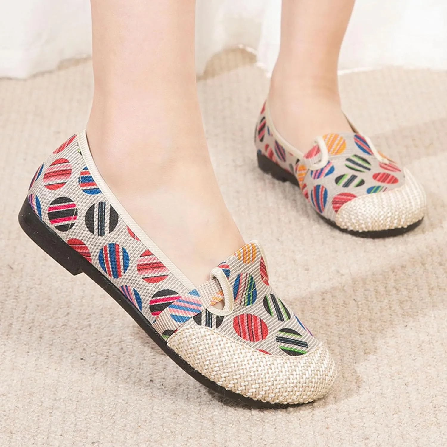 Women's Linen Retro Single Shoes Breathable Ballet Flats Comfortable Soft Walking Driving Shoes Elderly Loafers