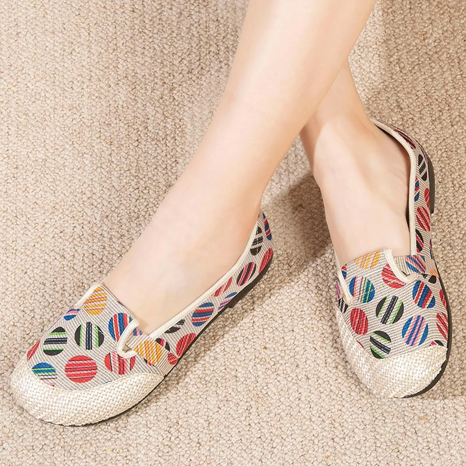 Women's Linen Retro Single Shoes Breathable Ballet Flats Comfortable Soft Walking Driving Shoes Elderly Loafers