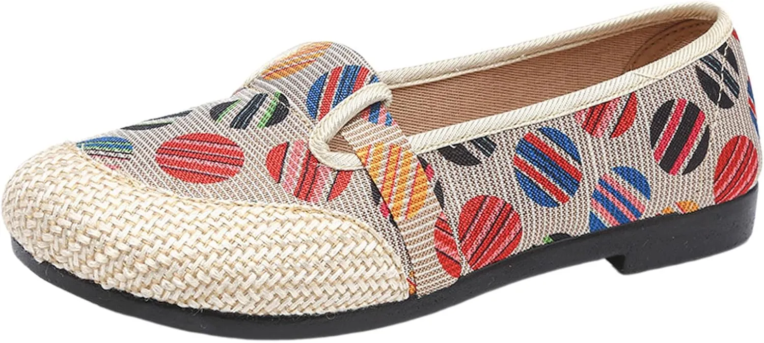Women's Linen Retro Single Shoes Breathable Ballet Flats Comfortable Soft Walking Driving Shoes Elderly Loafers