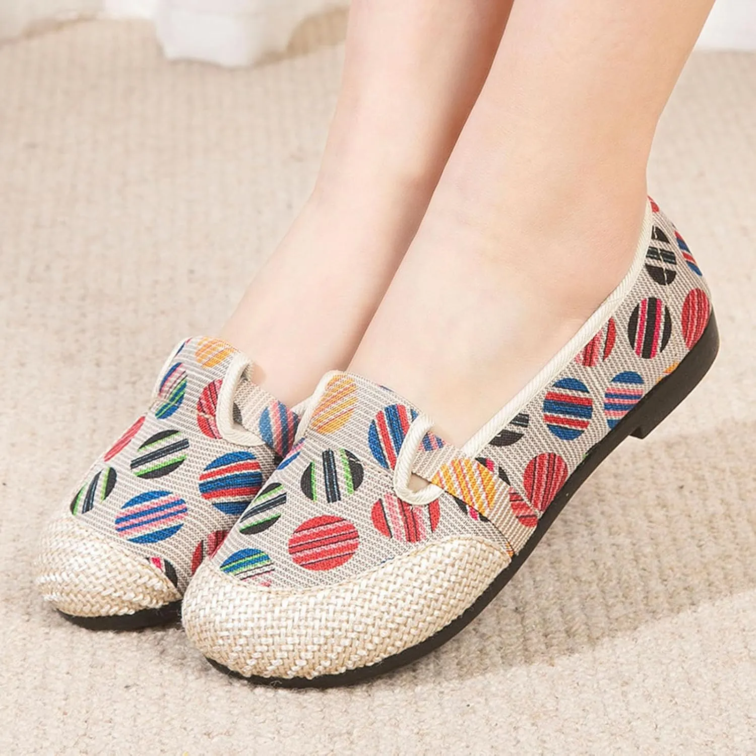 Women's Linen Retro Single Shoes Breathable Ballet Flats Comfortable Soft Walking Driving Shoes Elderly Loafers