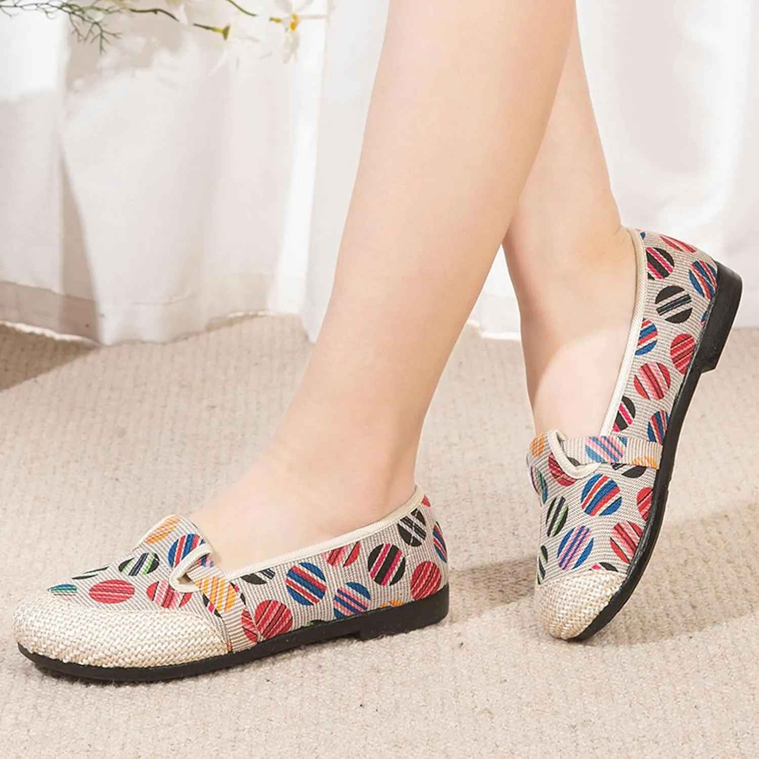 Women's Linen Retro Single Shoes Breathable Ballet Flats Comfortable Soft Walking Driving Shoes Elderly Loafers