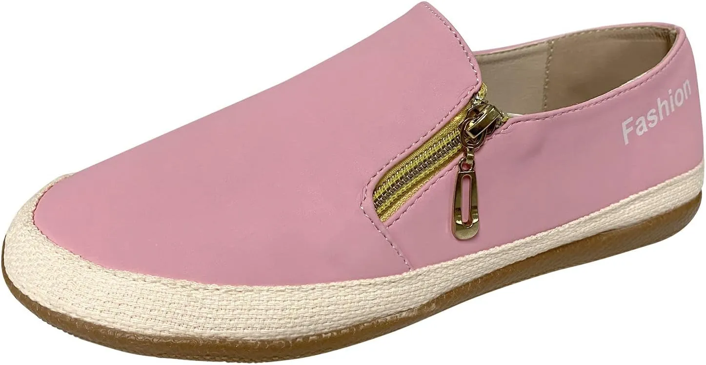 Women's Loafers Casual Shoes Ladies Fashion Solid Color Round Toe Shallow Mouth Side Zipper Flat Casual Shoes Espadrilles Workout Gym Outdoor Shoes