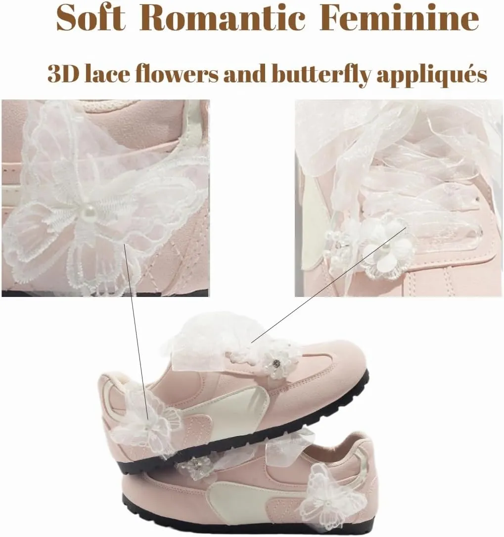 Women's Pink Butterfly Lace Sneakers Soft Sole Y2K Platform Breathable Fashion Trainers for Everyday Wear