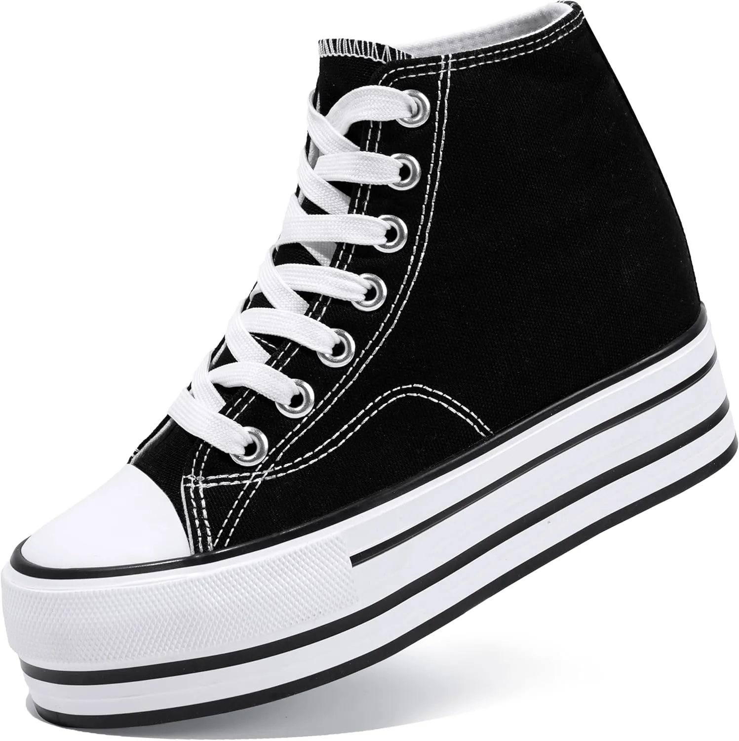 Womens Platform Wedge Sneakers Hidden Wedge 4 Inches Height Boost, High Top Canvas Heel Sneakers White Fashion Sneakers for Women and Girls