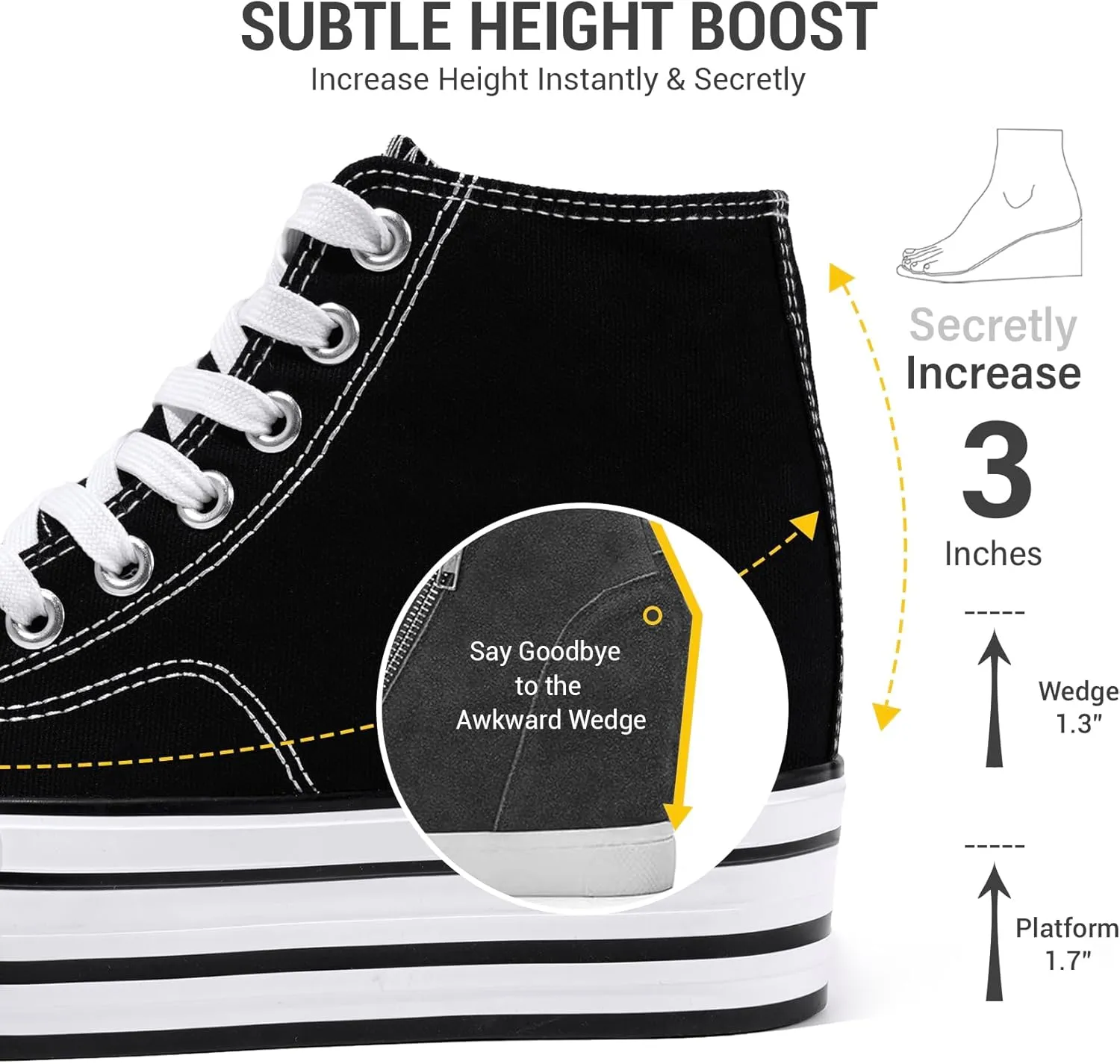 Womens Platform Wedge Sneakers Hidden Wedge 4 Inches Height Boost, High Top Canvas Heel Sneakers White Fashion Sneakers for Women and Girls