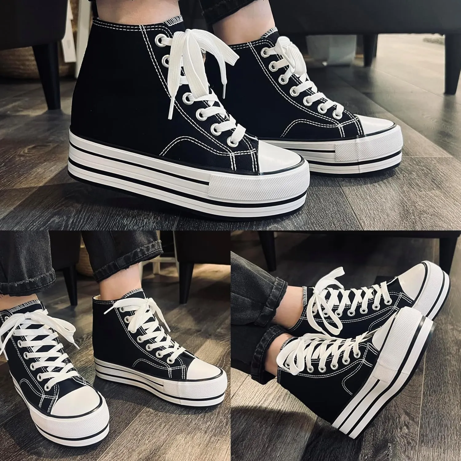 Womens Platform Wedge Sneakers Hidden Wedge 4 Inches Height Boost, High Top Canvas Heel Sneakers White Fashion Sneakers for Women and Girls
