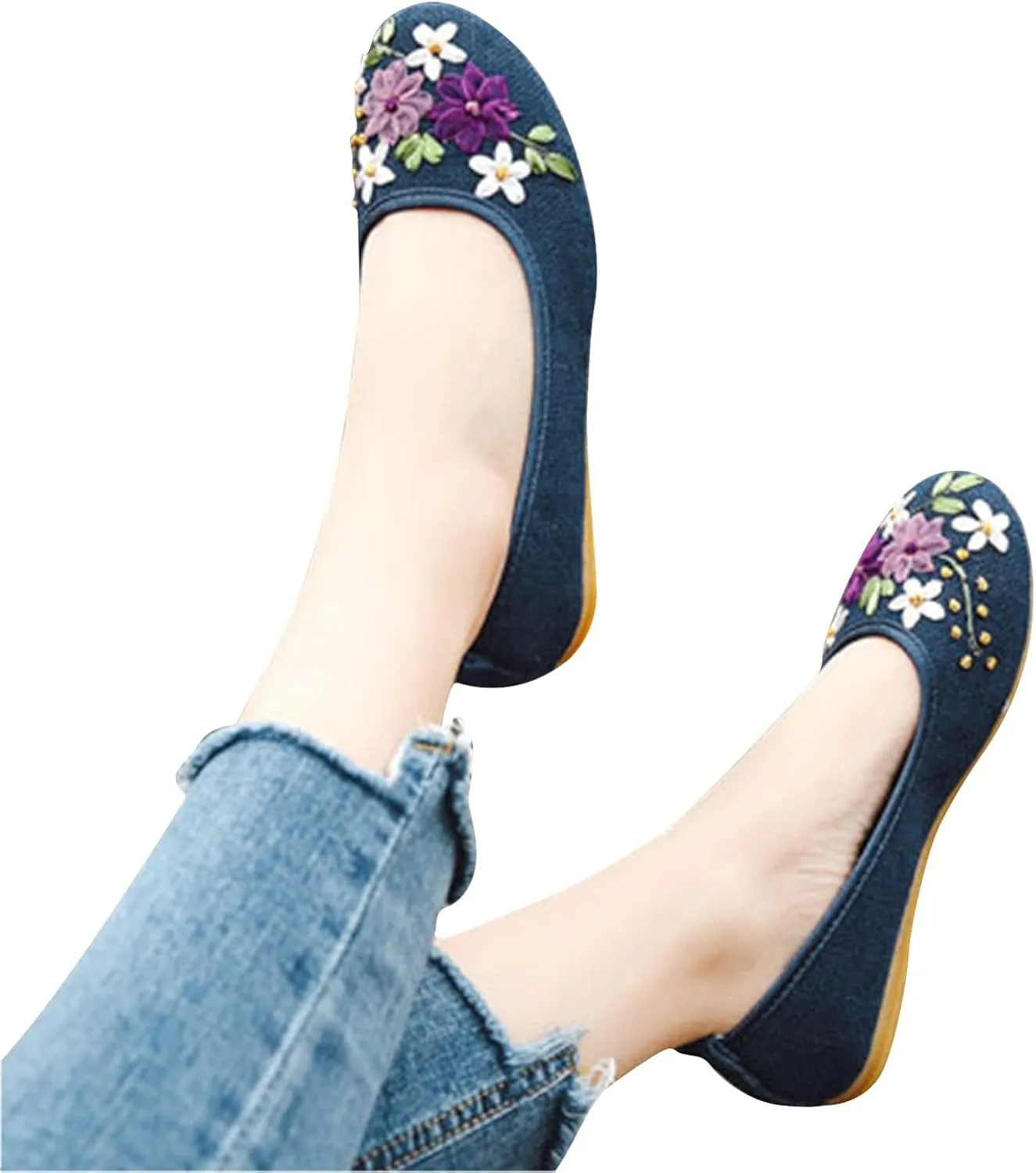 Women’s Shoes Loafers Cloth Shoes Women's Single Ribbon Linen Breathable Embroidery Single Flat Heels Linen Embroidered Mother