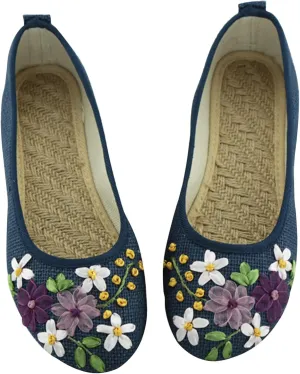 Women’s Shoes Loafers Cloth Shoes Women's Single Ribbon Linen Breathable Embroidery Single Flat Heels Linen Embroidered Mother