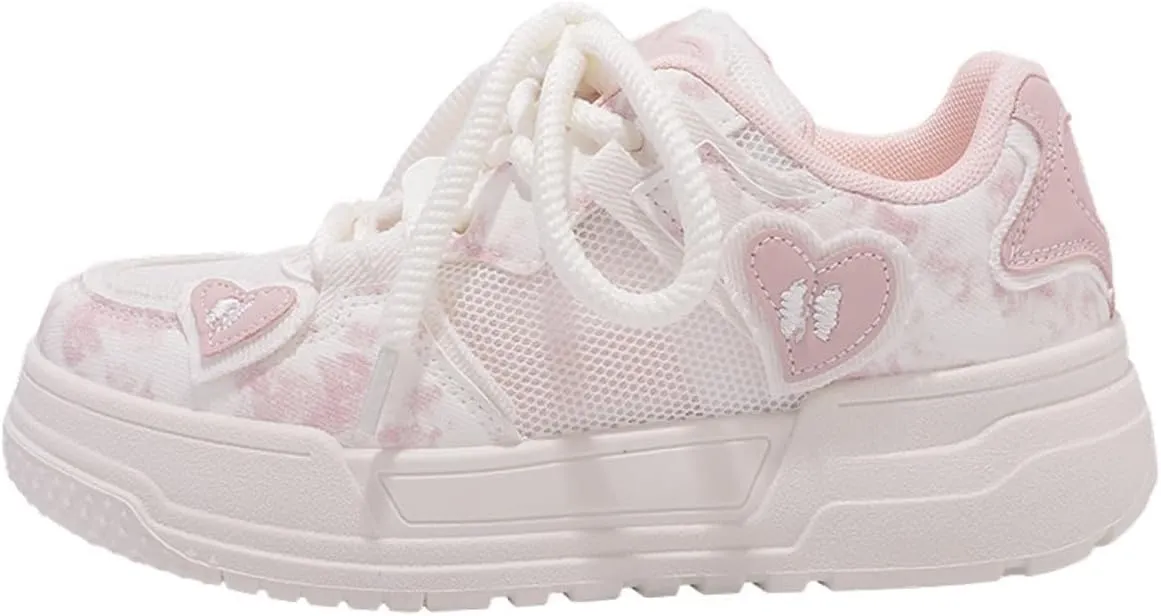 Y2K Platform Sneakers Heart Shape Pattern Trendy Mesh Thick Sole Height Increasing Student Casual Everyday Streetwear Lightweight Platform Ladies White Shoes Comfortable